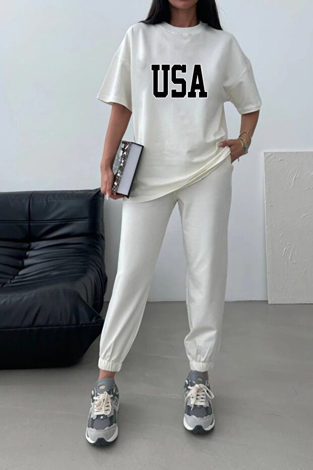 USA T-shirt Sweatpants Jogger-White Printed Bottom Top Tracksuit Set Oversize Crew Neck