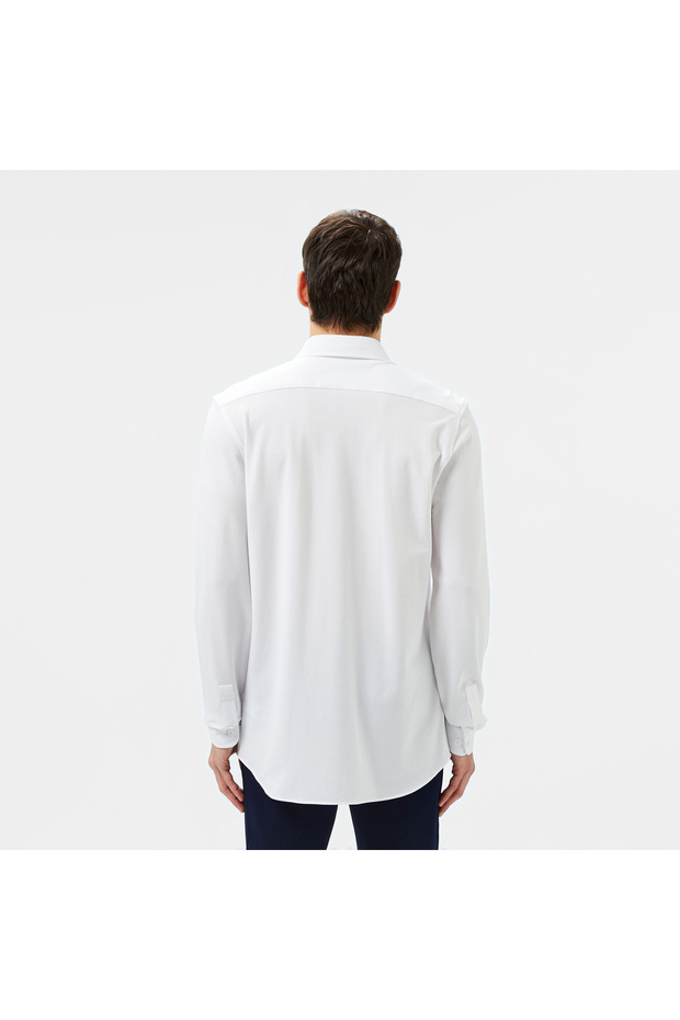 Erkek Slim Fit Düğmeli Yaka Beyaz Gömlek - 3