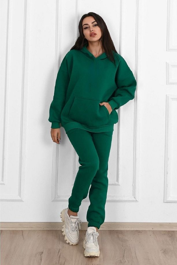 Düz Basic Eşofman Takımı Sweatshirt Jogger - Yeşil Oversize Şardonlu Kapüşonlu - 1