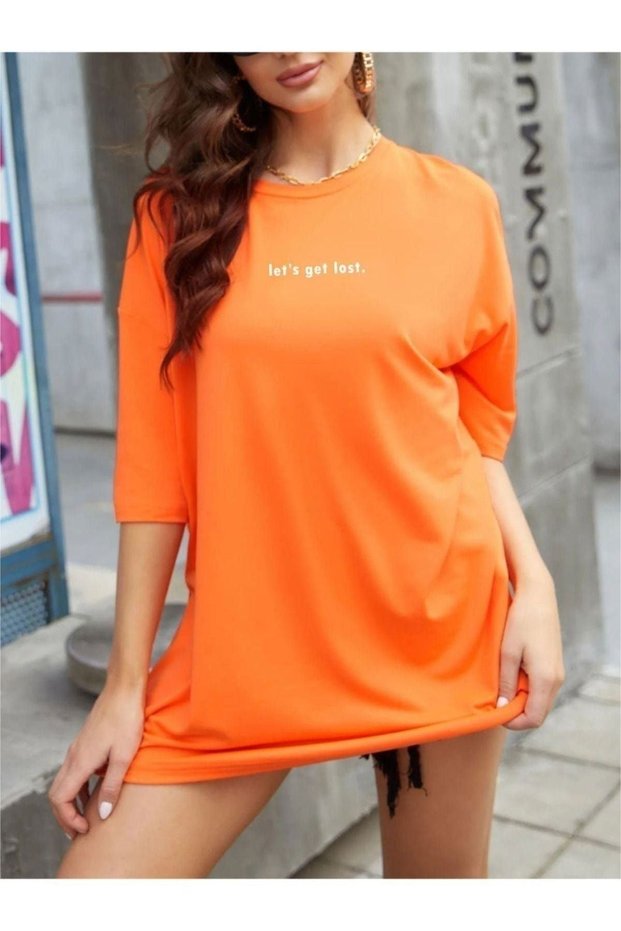Let's Get Lost T-Shirt - Orange Printed Oversize Crew Neck Short Sleeve