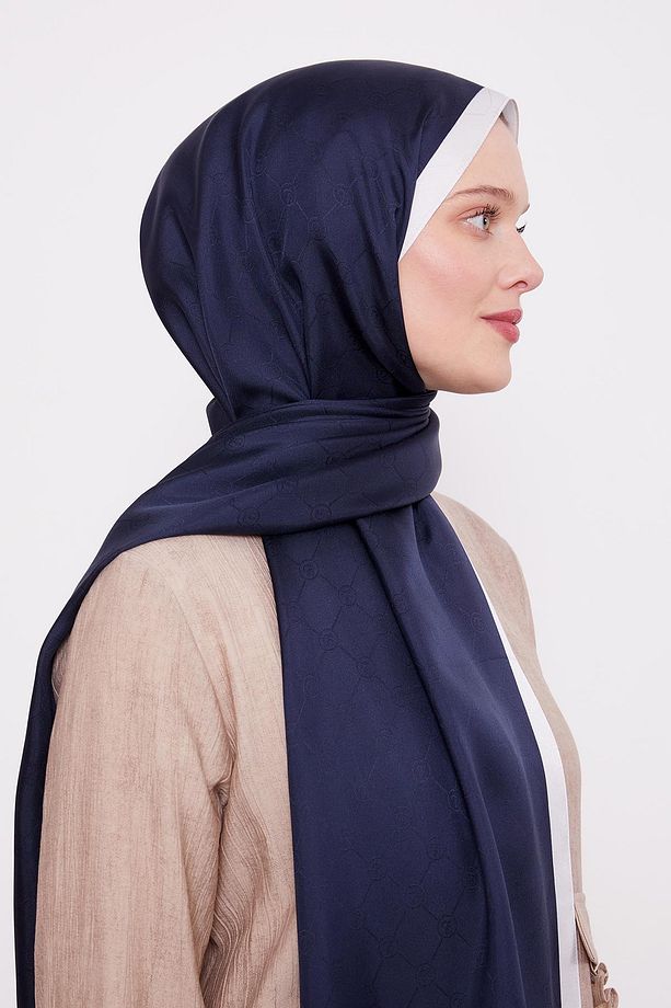 Lacivert - Ekru Petek Desen Monogram İpek Şal - 3