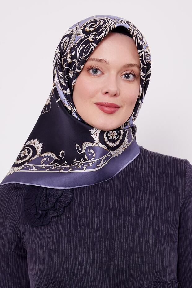 Kot Mavi Varak Desenli Twill İpek Eşarp - 4