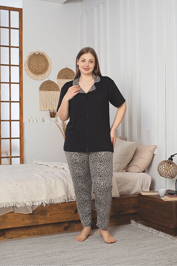 طقم بيجامة من الخيزران الليكرا مقاس كبير بأزرار - 2