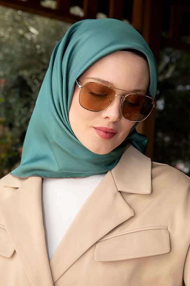 Petrol Yeşili Çift Taraflı Twill İpek Eşarp - 1