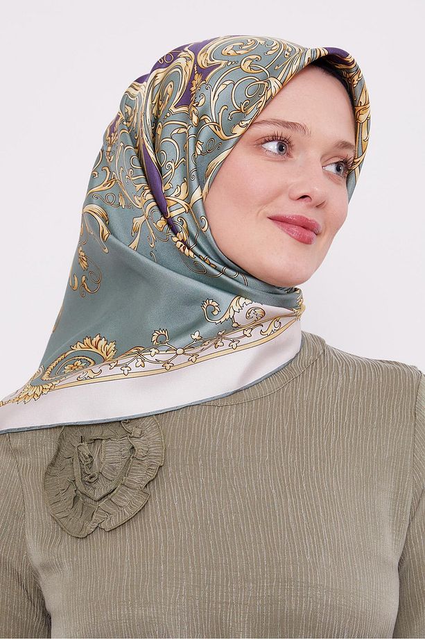Mint Yeşili Varak Desenli Twill İpek Eşarp - 2