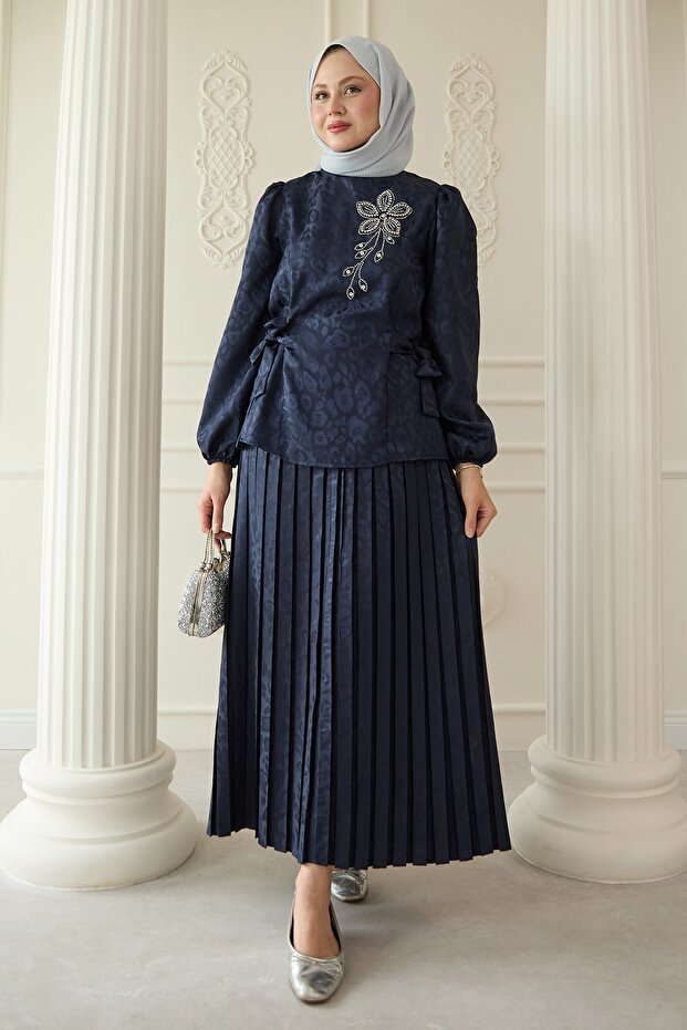 Navy Blue Leopard Print Jacquard Skirt Set