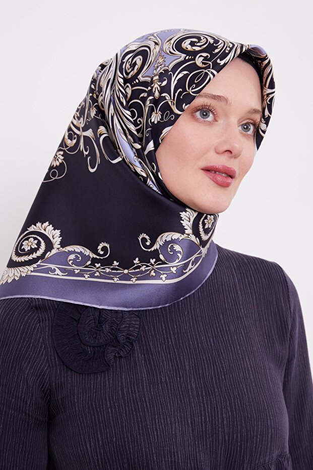 Kot Mavi Varak Desenli Twill İpek Eşarp - 3