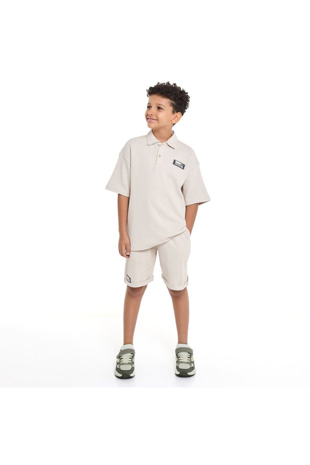 Boys' Jacquard Set – Beige 2-Piece Outfit with Patch Polo T-shirt and Shorts
