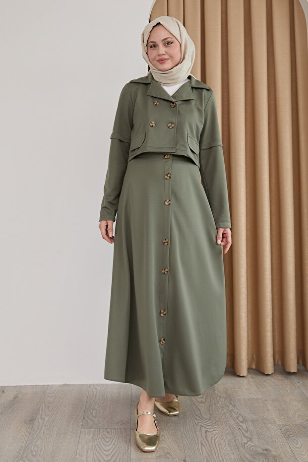 Khaki Double Suit with Buttoned Skirt