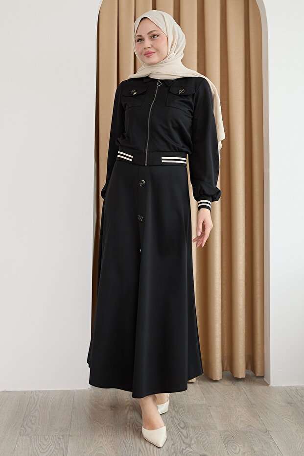 Ribbed Buttoned Black Double Suit - 1