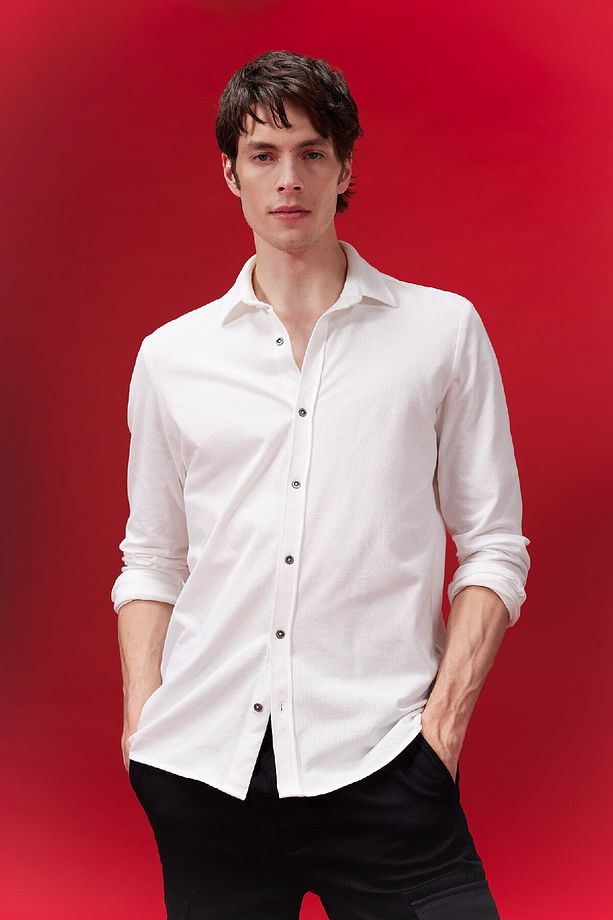 Regular Fit Basic Düz Uzun Kollu Beyaz Gömlek B2896ax24sp - 3