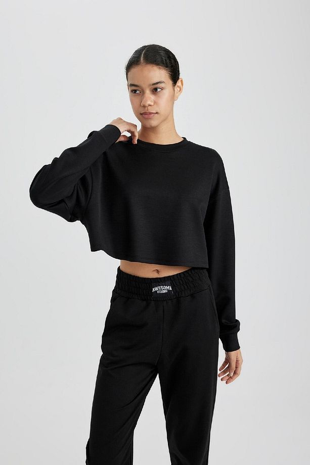 DeFactoFit Crop Bisiklet Yaka Basic Düz Sporcu Sweatshirt B4222AX24SP - 7