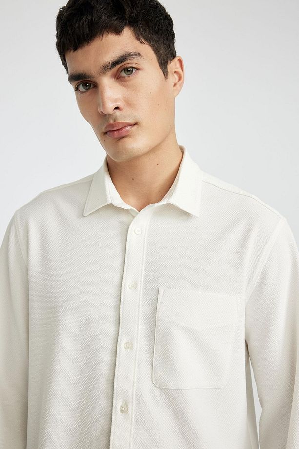 Regular Fit Polo Yaka Krinkıl Basic Düz Uzun Kollu Beyaz Gömlek B6484ax24sp - 7