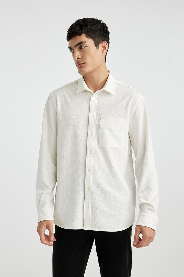 Regular Fit Polo Yaka Krinkıl Basic Düz Uzun Kollu Beyaz Gömlek B6484ax24sp - 4