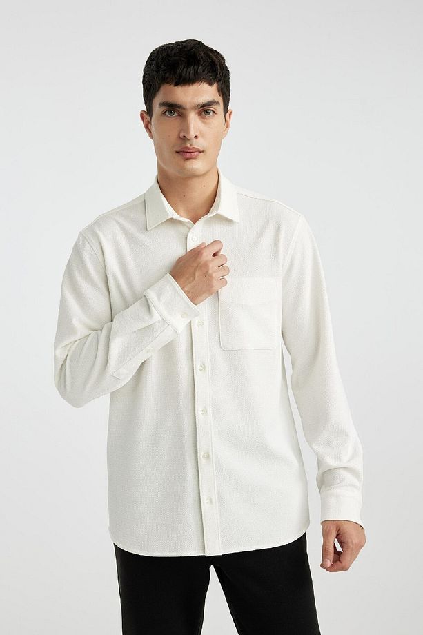 Regular Fit Polo Yaka Krinkıl Basic Düz Uzun Kollu Beyaz Gömlek B6484ax24sp - 6