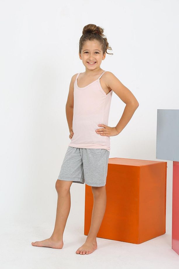 Mdsrdm Kız Çocuk Ip Askılı Şortlu Penye Pijama Takım-pembe-%100 Pamuk - 3