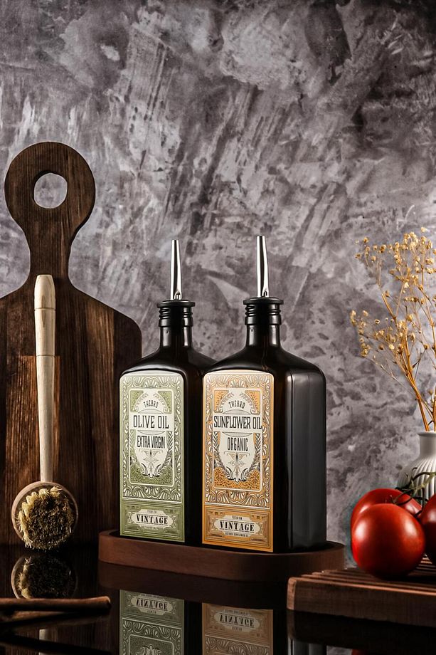 500ml Ahşap Stantlı New Premium Zeytinyağı Ve Ayçiçek Yağı Şişesi Yeşil Sarı - 5