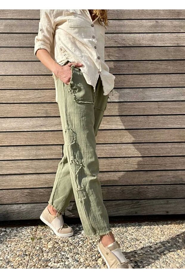 Stitching Details Dirty Sewing Linen Trousers -Comfortable - 100% Cotton Linen Woven Khaki Color