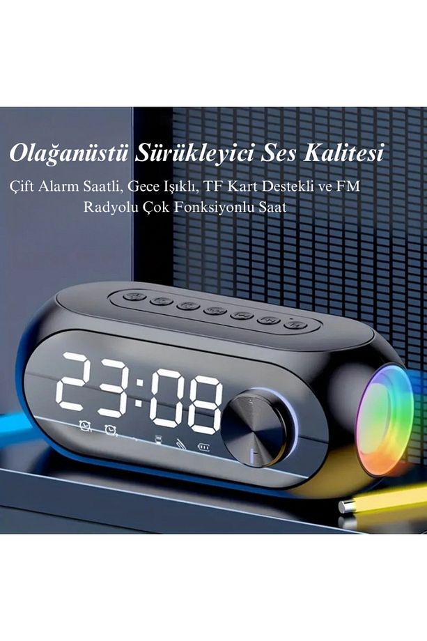 S8 RGB Hd LED Işıklı Dijital Saat Alarm Şarjlı Bluetooth Bas Hoparlör MP3 FM Radyo - 7