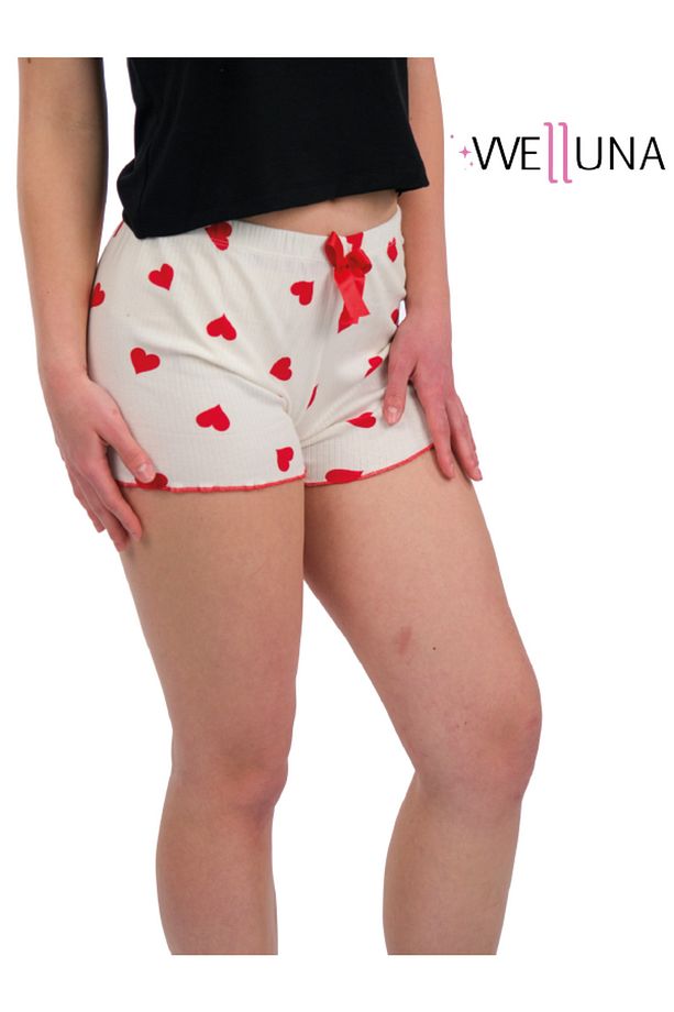 Kısa Kollu Kalp Baskılı Şortlu Kadın Pijama Takımı- Şort Tshirt Pijama- Yazlık Pijama - 5