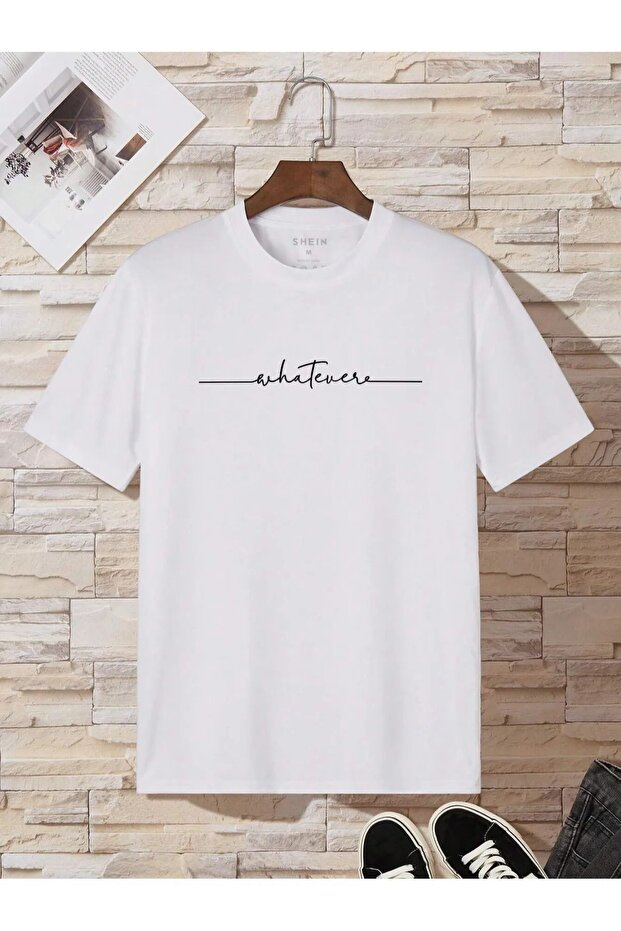 Whatever Çizgi T-Shirt - White Printed Oversize Crew Neck Short Sleeve Loose Fit