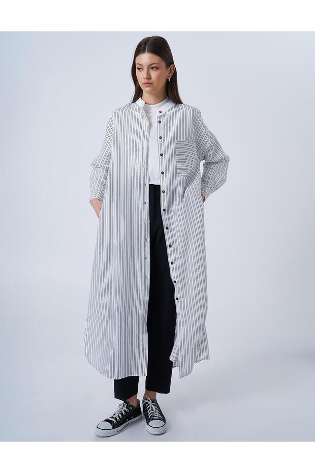 سترة طويلة بنمط الخط الأبيض البصري - 2