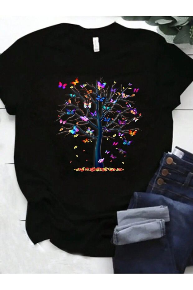 Butterfly Tree T-Shirt - Black Printed Oversize Crew Neck Short Sleeve Loose