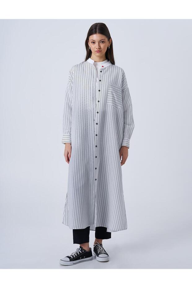 سترة طويلة بنمط الخط الأبيض البصري - 3