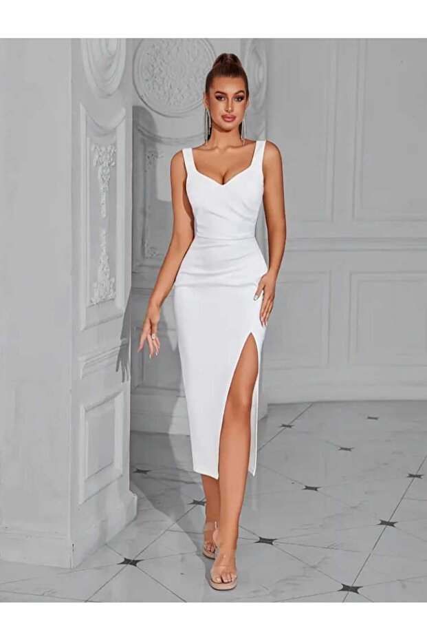 KALİN ASKILI MİDİ BOY ELBİSE - 4