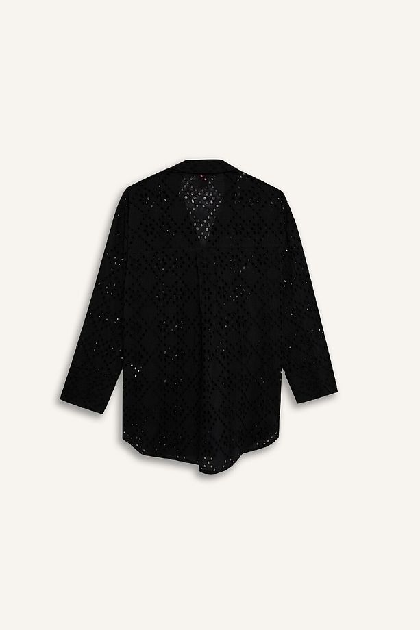 Regular Fit Pamuklu Delik Işlemeli Siyah Plaj Gömleği-fall In Love C0506ax24sm - 3