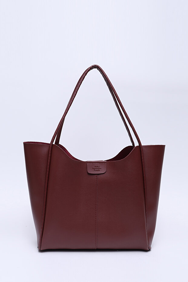 Burgundy Shk76 Large Size Women's Hand and Shoulder Bag with Snap Fastener Strap Faux Leather Makeup Bag