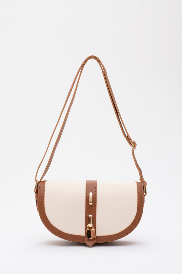 Tan-Cream Shk92 Lock Detailed Faux Leather Single Compartment Hand, Arm and Shoulder Bag with Snap Fasteners L:15 E:25 W:6 c