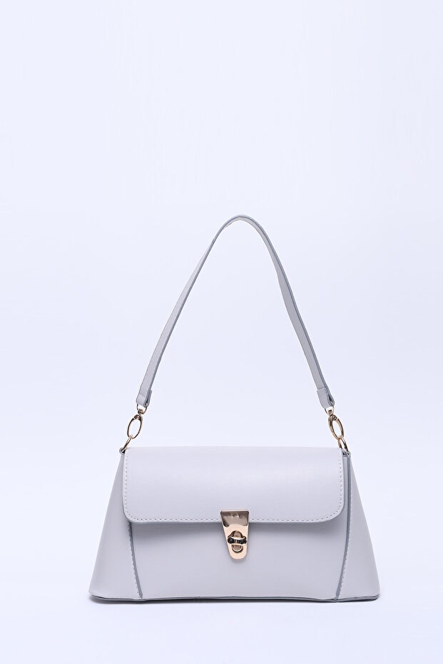 Gray Shk153 Faux Leather Lock Detailed Standard Strap Single Compartment Hand, Arm and Shoulder Bag