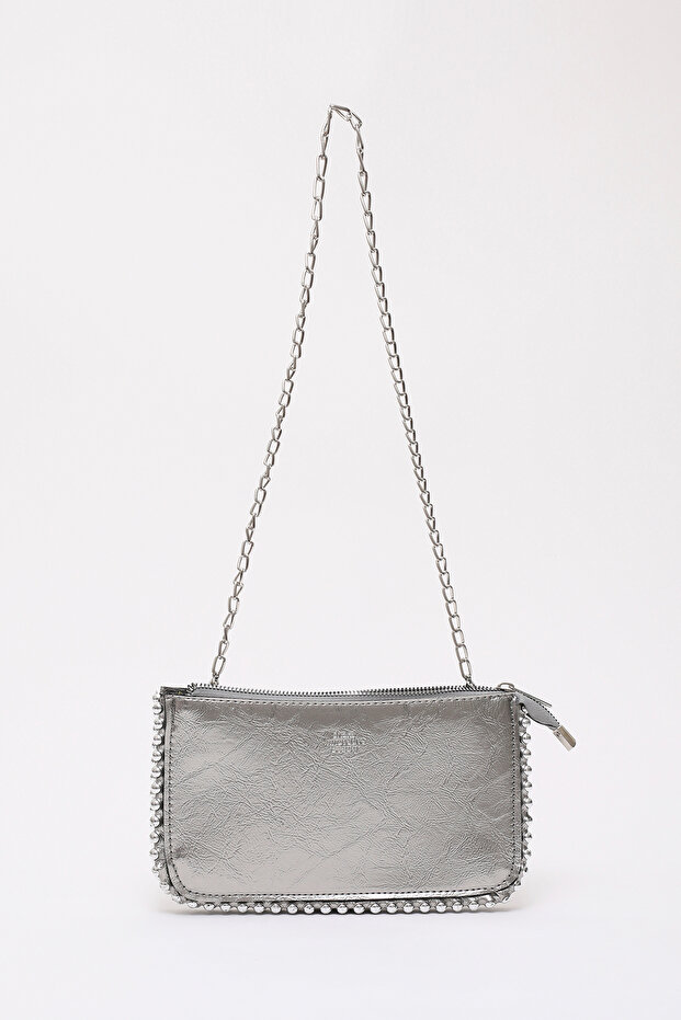 Silver Shk182 Faux Leather 3 Compartment Bead Detailed Zippered Chain Strap Hand, Arm and Shoulder Bag