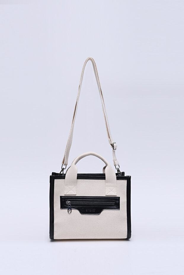 Cream-Black Shk161 Canvas Fabric Two-Compartment Lined Zippered Double Strap Crossbody, Hand and Shoulder Bag