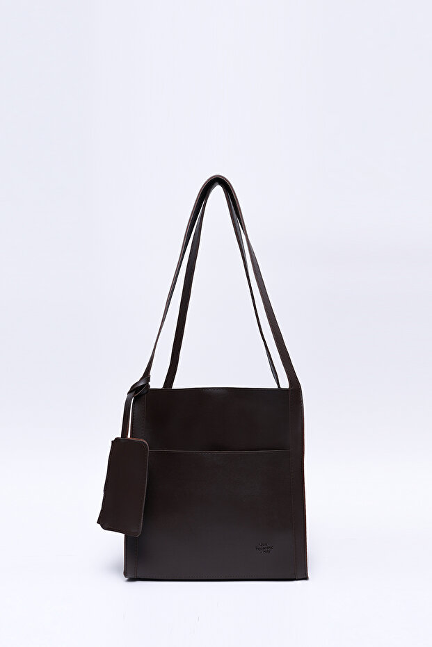 Coffee Color Shk123 Faux Leather, Snap Fasteners, Two Compartments, Wallet, Makeup Bag, Strap, Hand, Arm and Shoulder Bag