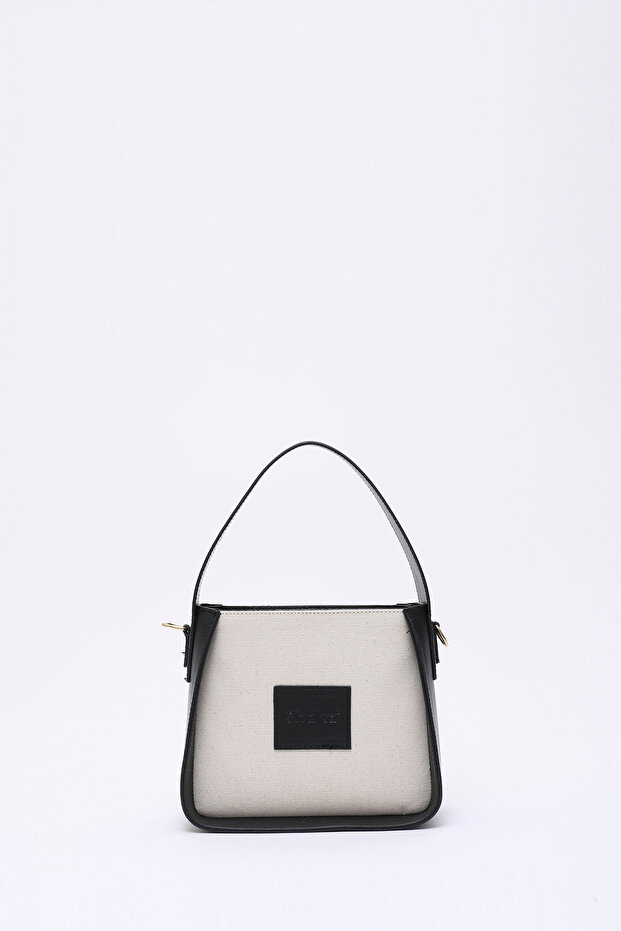 Black Shk176 Faux Leather Detailed, Single Compartment, Zip-Up, Canvas Hand, Arm and Shoulder Bag
