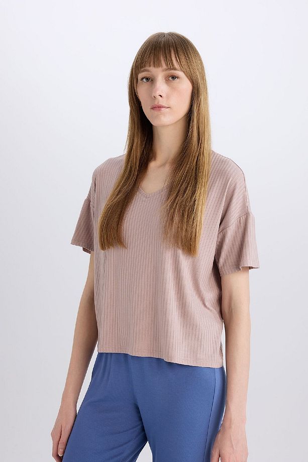Regular Fit V Yaka Casual Kısa Kollu Pijama Üstü-fall In Love B6181ax24sp - 4