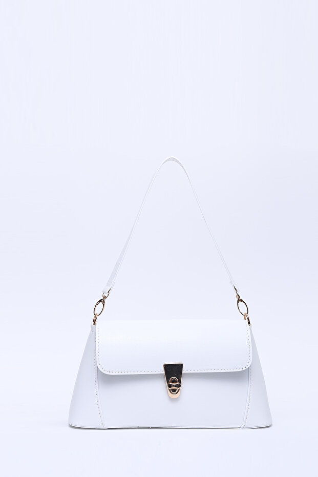 White Shk153 Faux Leather Lock Detailed Standard Strap Single Compartment Hand, Arm and Shoulder Bag