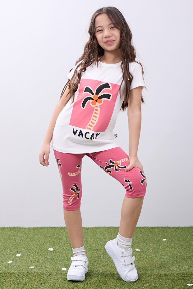 Girl's Palm Tree Printed Summer T-Shirt and Leggings Set - Comfortable & Stylish Two-Piece Set Ecru & Dusty Rose