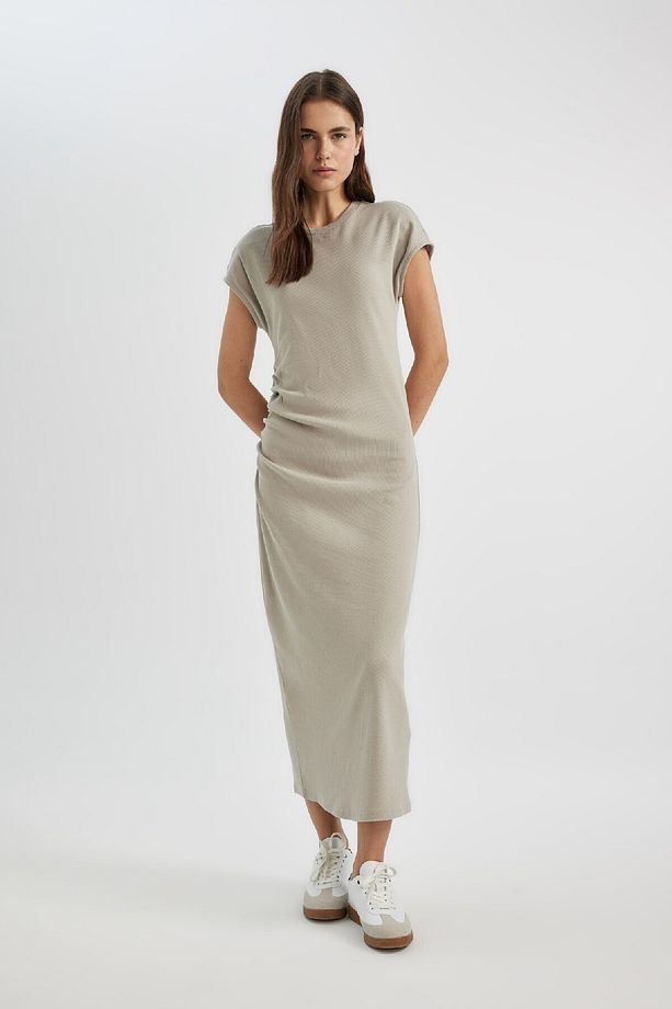 Bodycon Yuvarlak Yaka Basic Düz Fitilli Kaşkorse Kısa Kollu Maxi Elbise C2470ax24sp - 2
