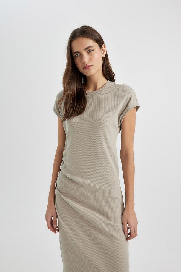 Bodycon Yuvarlak Yaka Basic Düz Fitilli Kaşkorse Kısa Kollu Maxi Elbise C2470ax24sp - 3