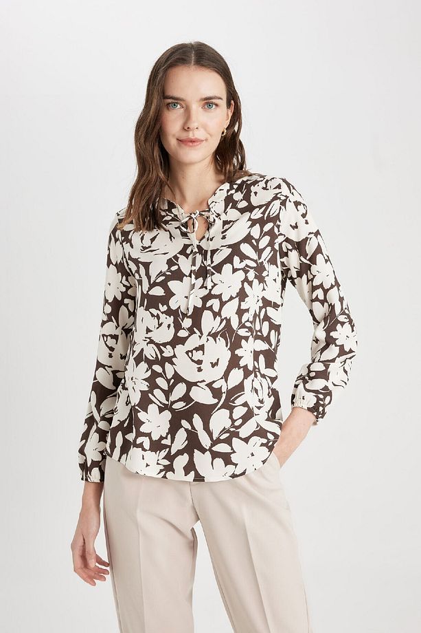 Regular Fit Bağcıklı Yaka Desenli Uzun Kollu Bluz N1809az24sp - 1