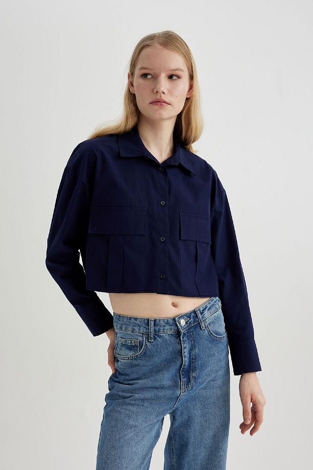 Crop Poplin Basic Düz Uzun Kollu Gömlek C2355ax24sp - 4