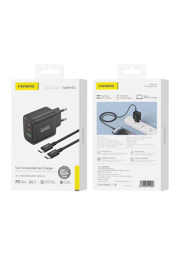 Gan10 65w Gan Usb-c 2 Port Usb 1 Port Hızlı Şarj Adaptör (TYPE-C KABLO SİYAH) - 7