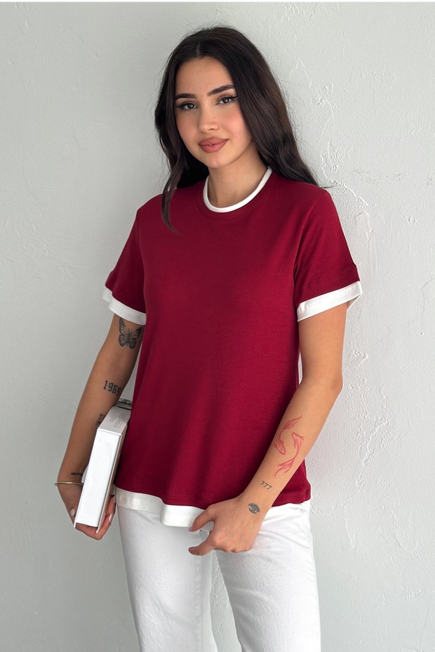 Women's Red Round Neck Stripe Detailed 100% Cotton T-Shirt