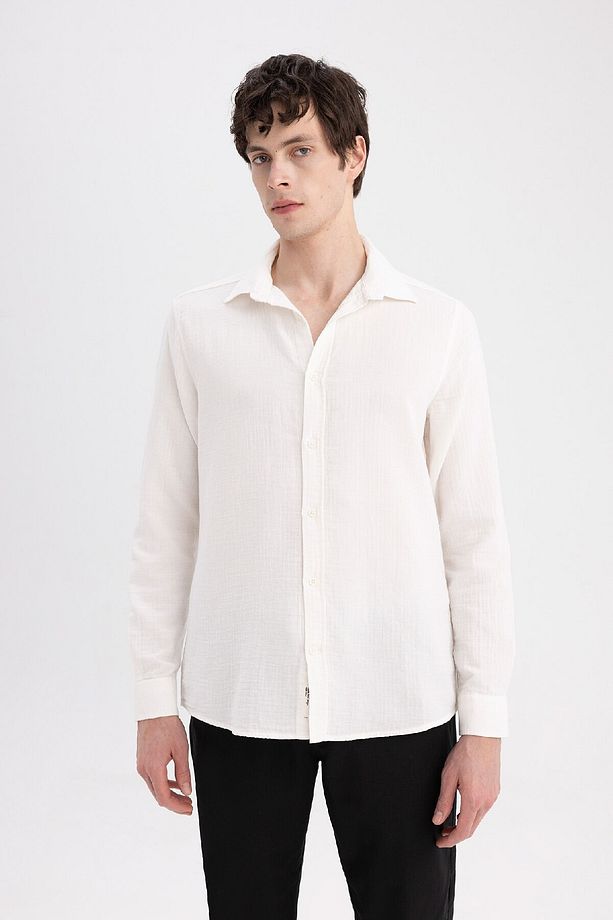 Regular Fit Polo Yaka Pamuklu Basic Düz Yazlık Uzun Kollu Müslin Gömlek C4372ax24sp - 4