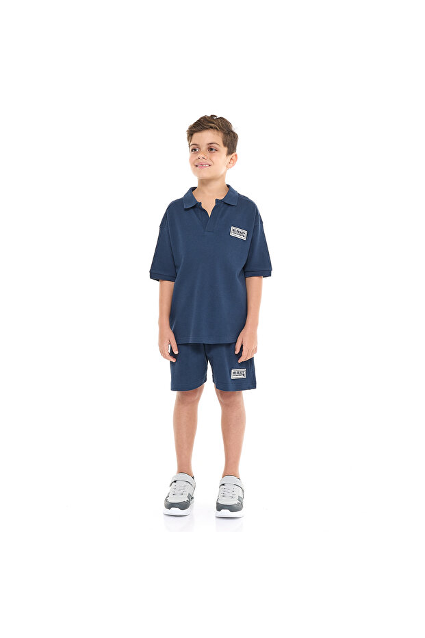 Boys' Navy Blue 2-Piece Jacquard Set with Pockets