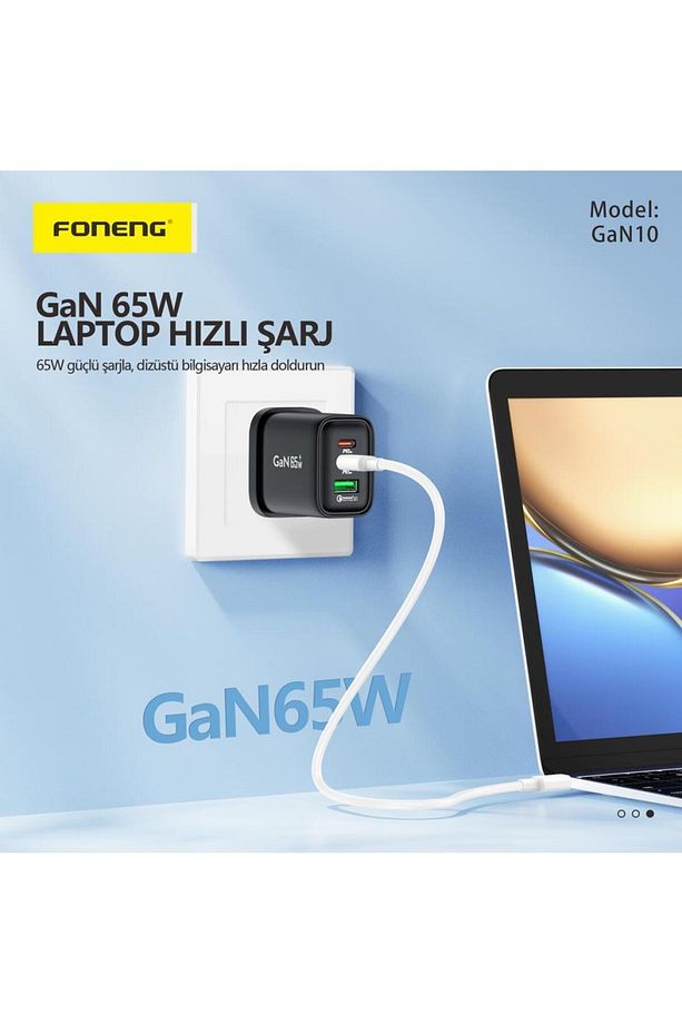 Gan10 65w Gan Usb-c 2 Port Usb 1 Port Hızlı Şarj Adaptör (TYPE-C KABLO SİYAH) - 6