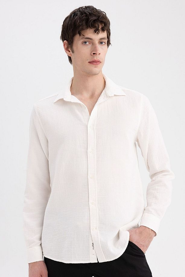Regular Fit Polo Yaka Pamuklu Basic Düz Yazlık Uzun Kollu Müslin Gömlek C4372ax24sp - 1